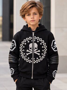 Phillip Plein Black Full Zip Hoodie Rhinestone Skull Hexagon Junior Size 8-9
